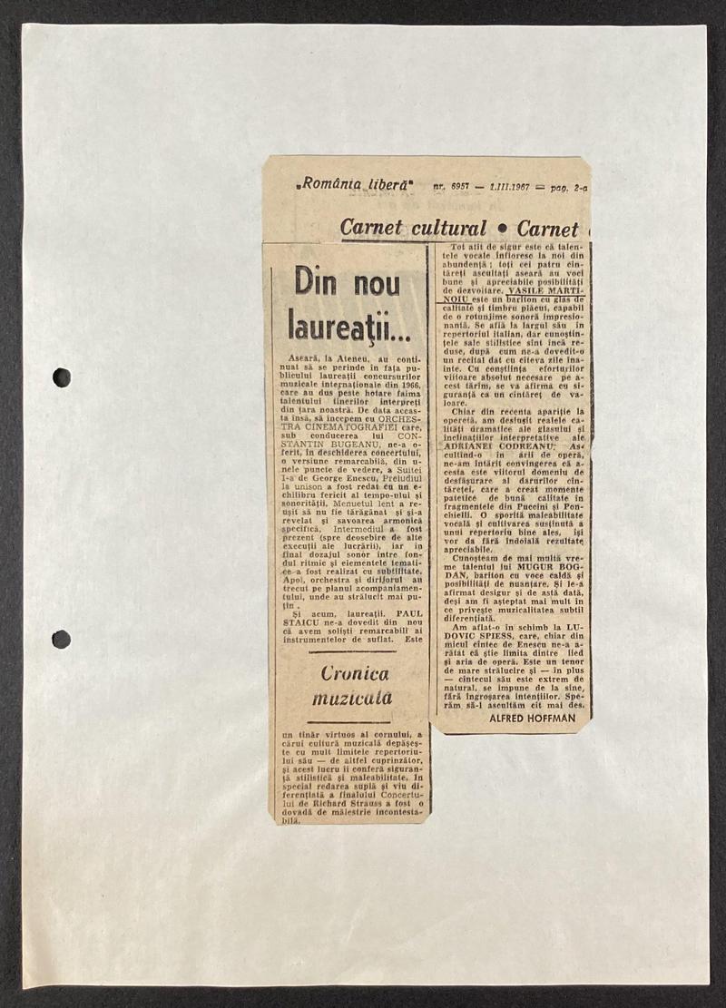 Concert al laureaților concursurilor internaționale Sala Ateneu. Marina Krilovici, L. Spiess, Viorica Cortez, Ileana Cotrubaș dir. C. Bugeanu, 28 feb. 1967