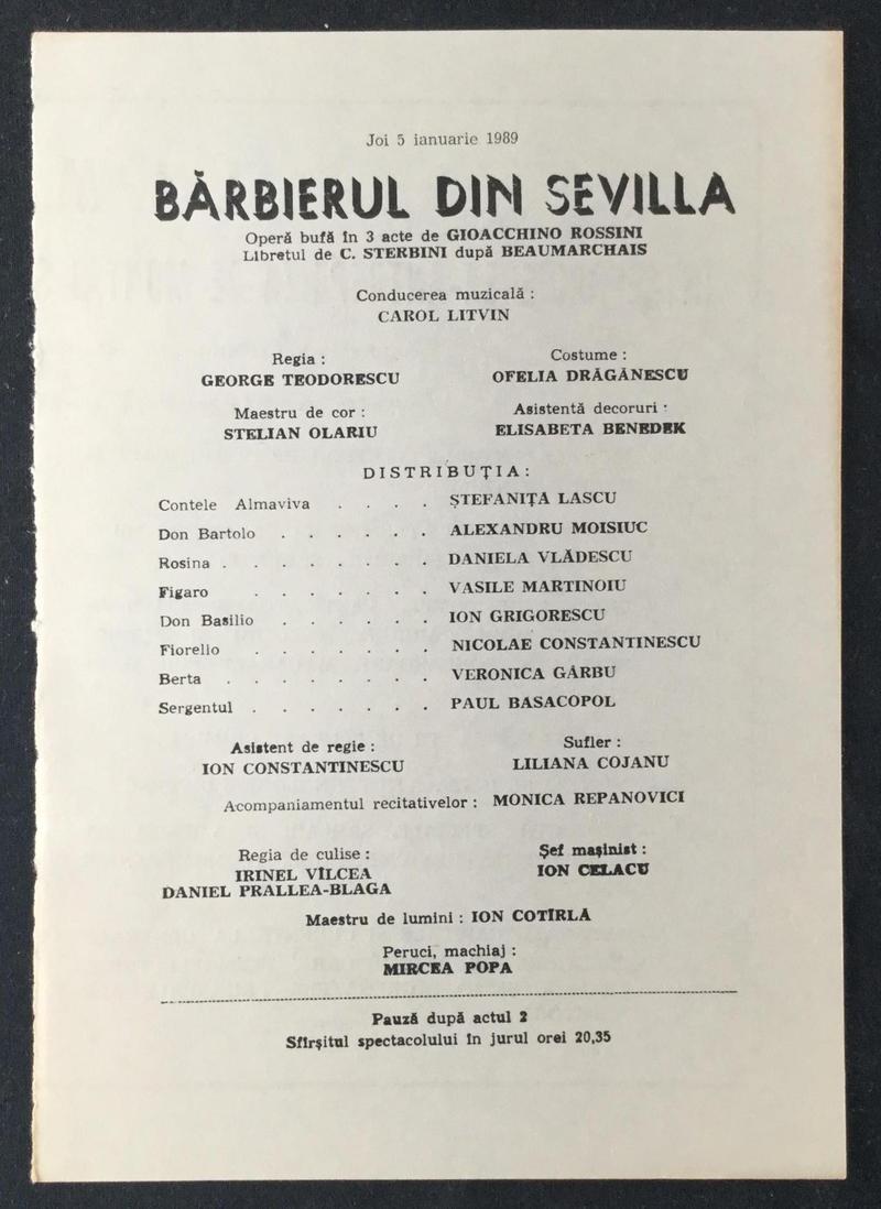 Figaro în Bărbierul din Sevilla, 5 ian. 1989