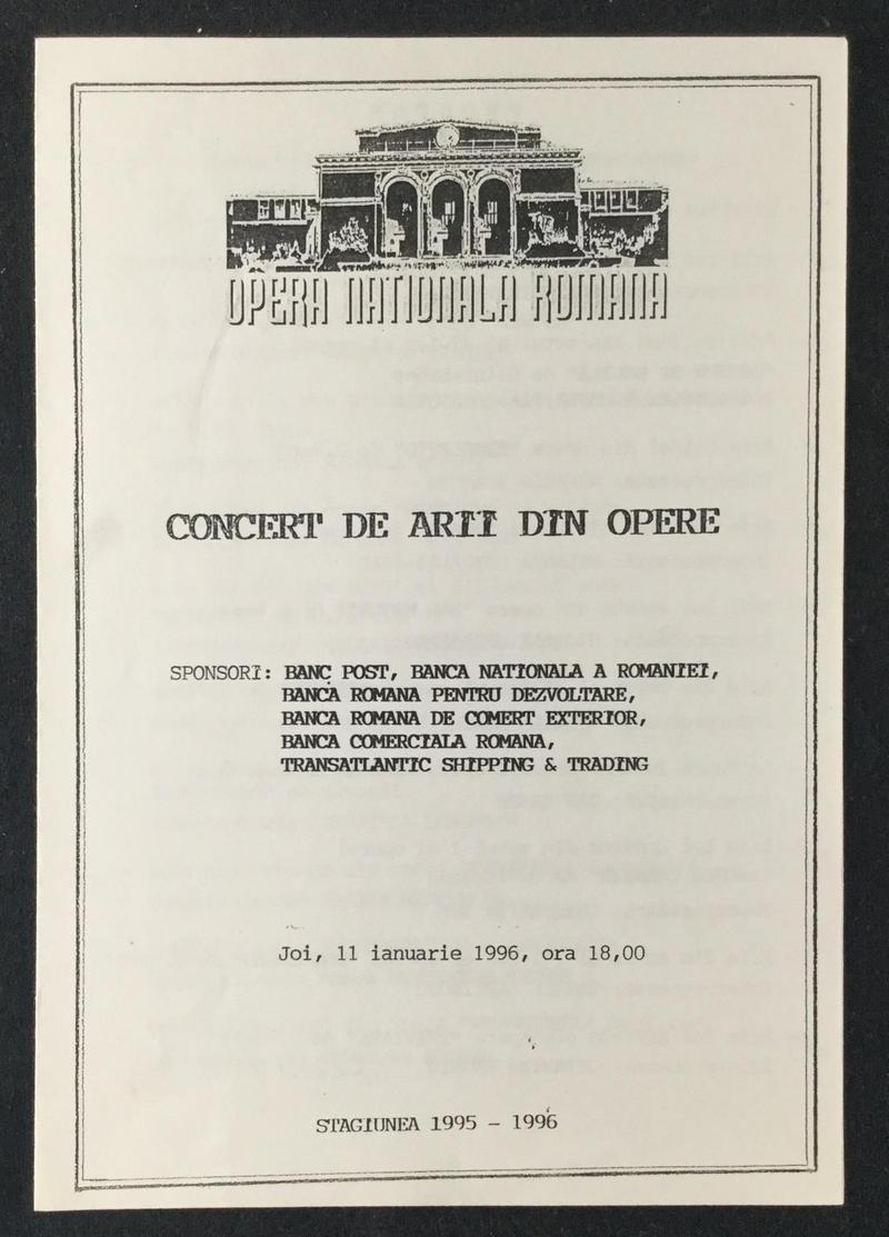 Concert cu orchestra au cântat: Melania Ghioaldă, Mih. Agachi, Gabr. Drăgușin, C. Ene, Nic. Urdăreanu, Val. Vasiliu, D. Zancu, Mih. Stanciu, Maria Slătinaru-Nistor, Octavian Naghiu, 11 ian. 1996 (imaginea 1 din 3)