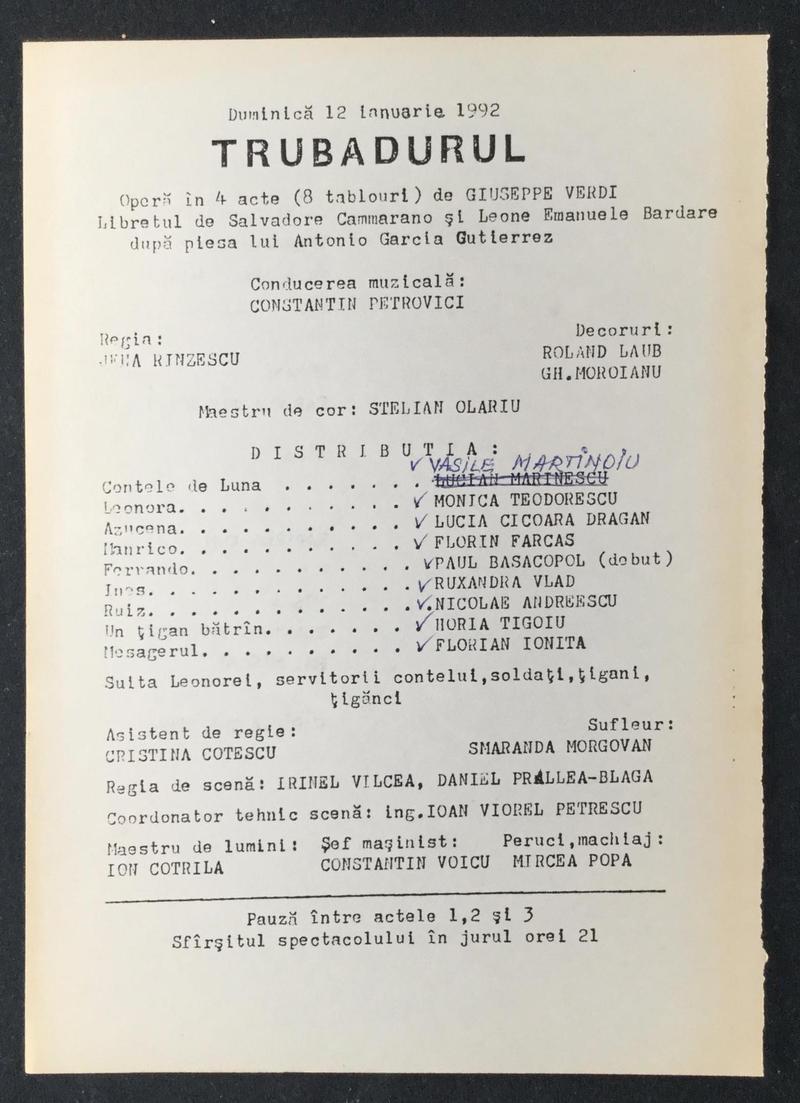Contele de Luna în Trubadurul, 12 ian. 1992