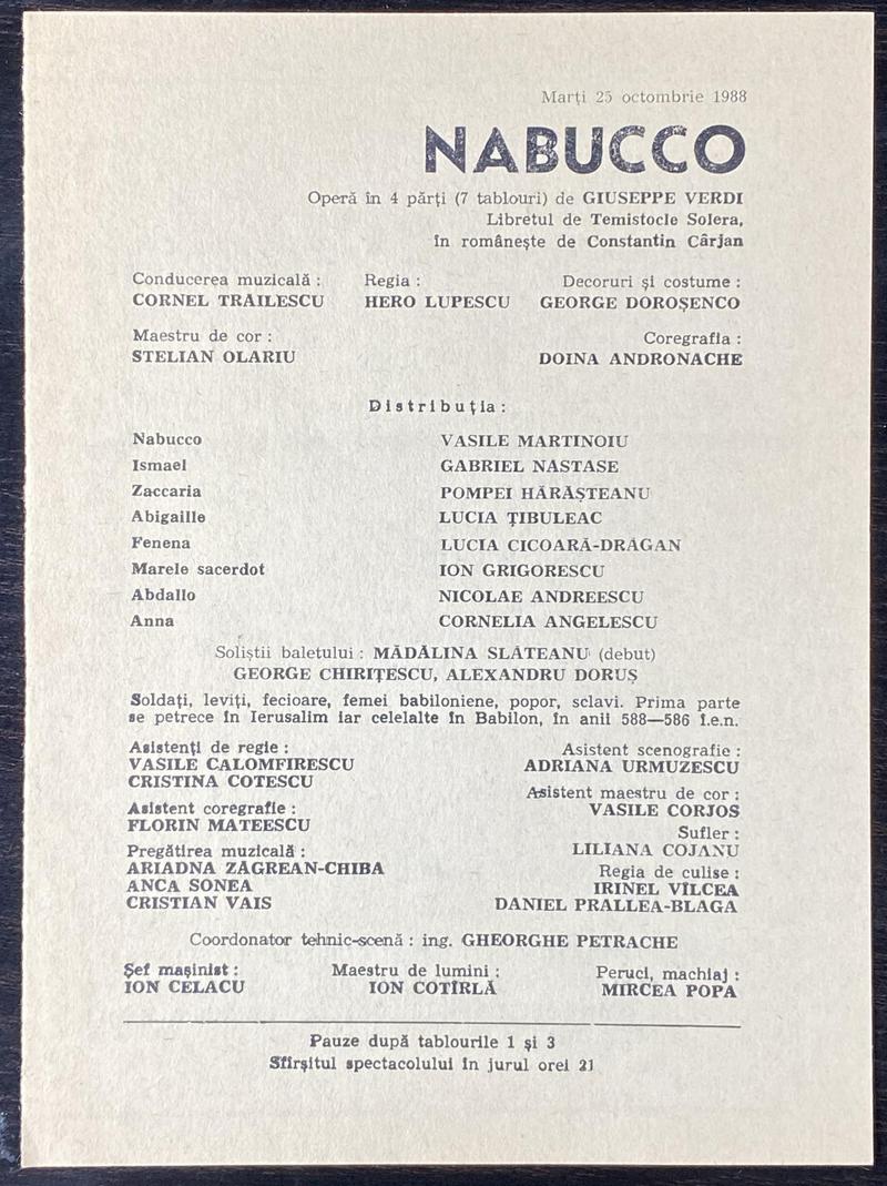 Nabucco în Nabucco, 25 oct. 1988