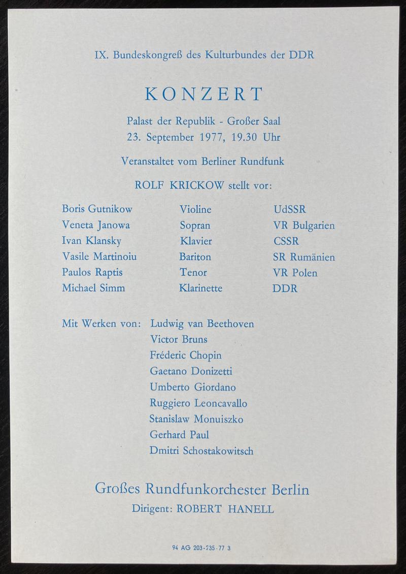 Concert Congresul Culturii Sala Mare a Congreselor din Berlin, 23 sept. 1977