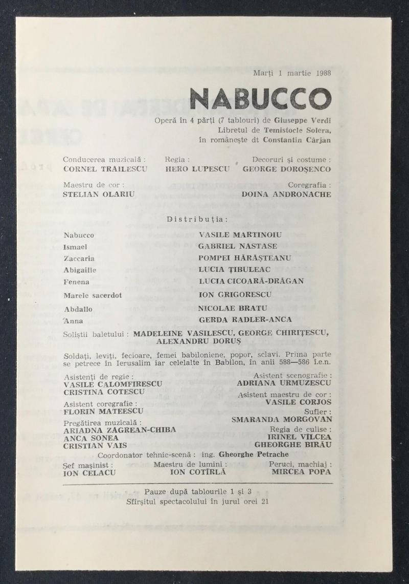 Nabucco în Nabucco, 1 mar. 1988