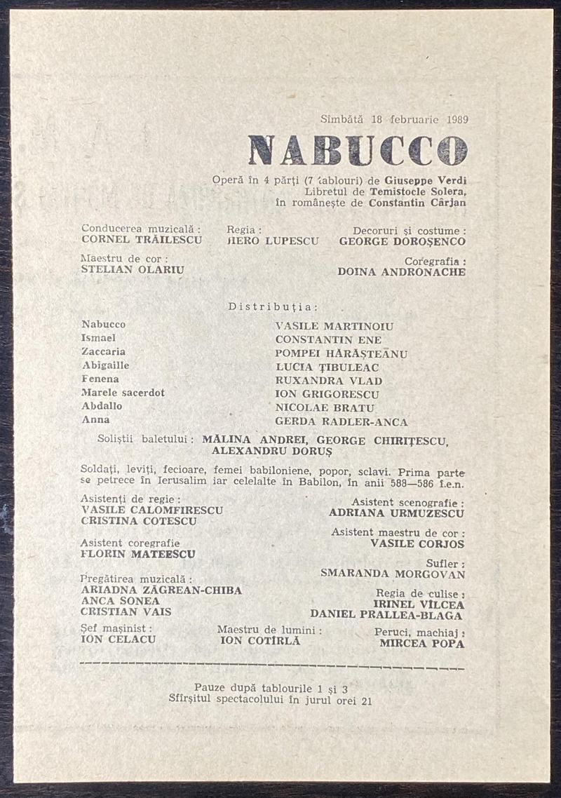 Nabucco în Nabucco, 18 feb. 1989
