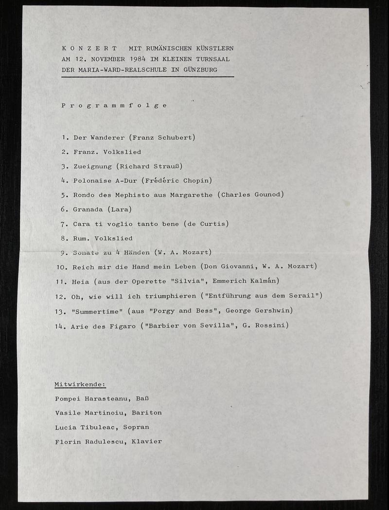 Concert cu Lucia Țibuleac, Pompeiu Hărășteanu, pianist Florin Rădulescu, 12 nov. 1984