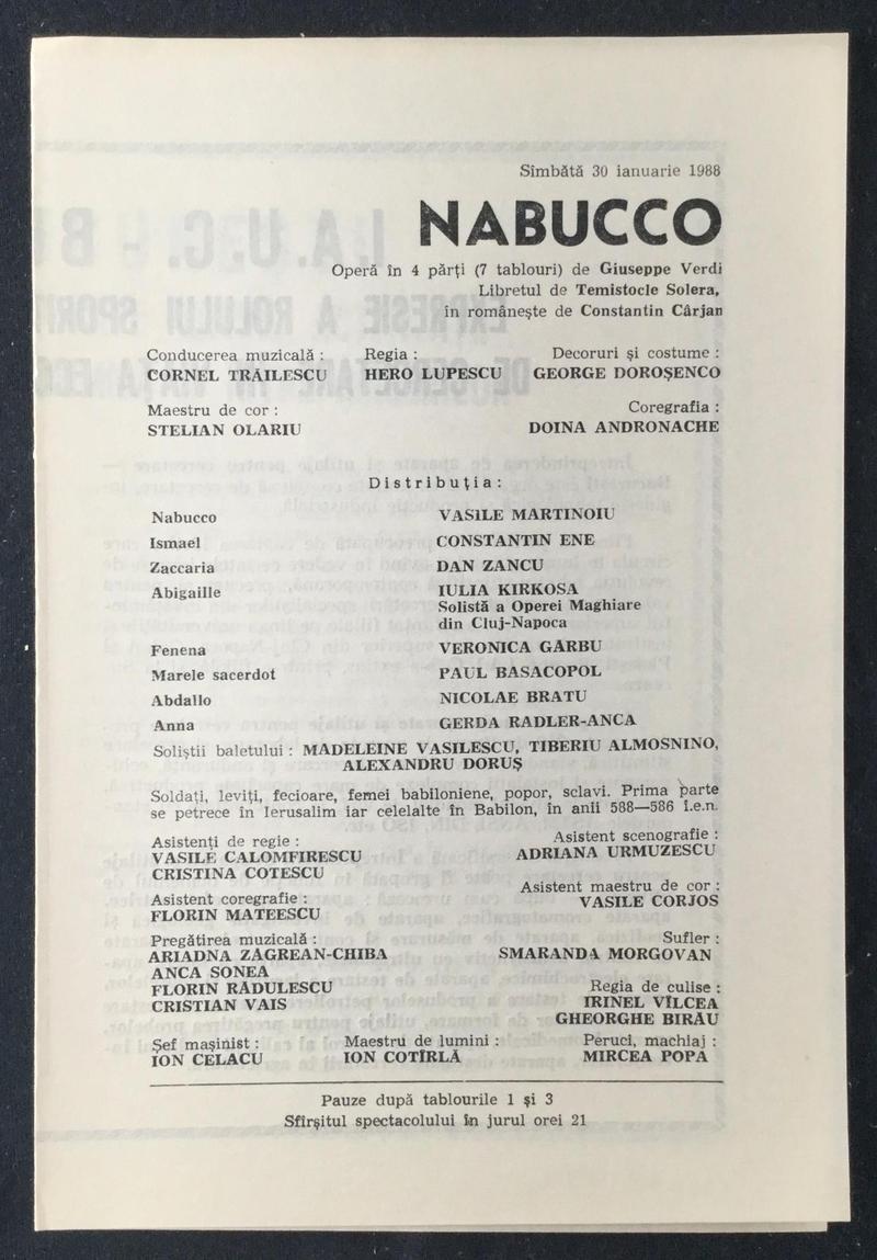 Nabucco în Nabucco, 30 ian. 1988