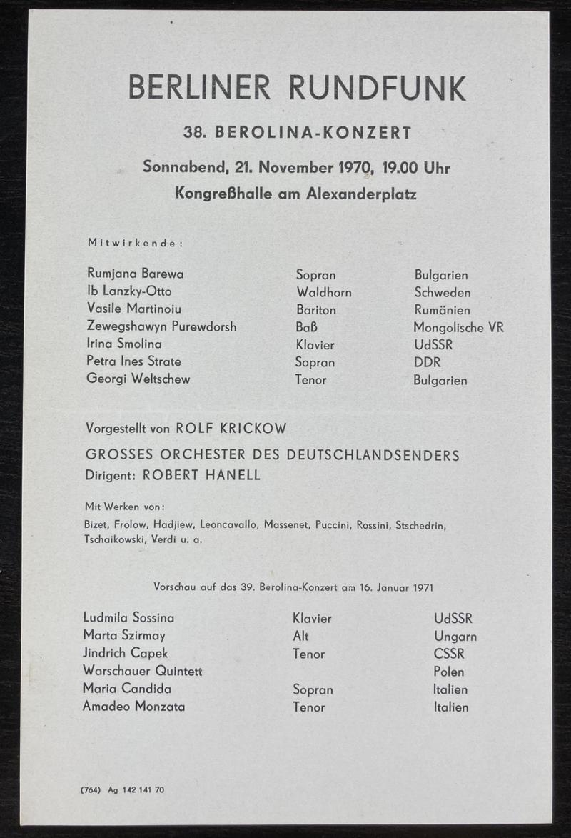 Concert Berolina cu Ochestra Radio - dirijor Hamel, 21 nov. 1970