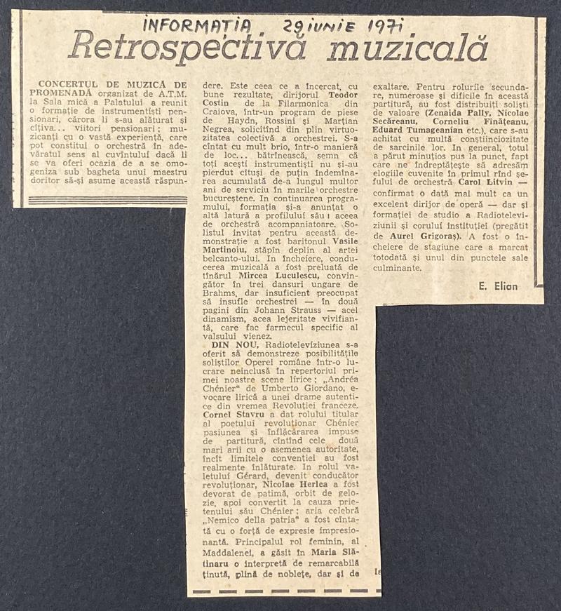 Concert pentru Asociația Tinerilor Muzicieni Sala Dalles. Întâlnirea cu tenorul Carlo Montez de OCA (USA), 22 iun. 1971