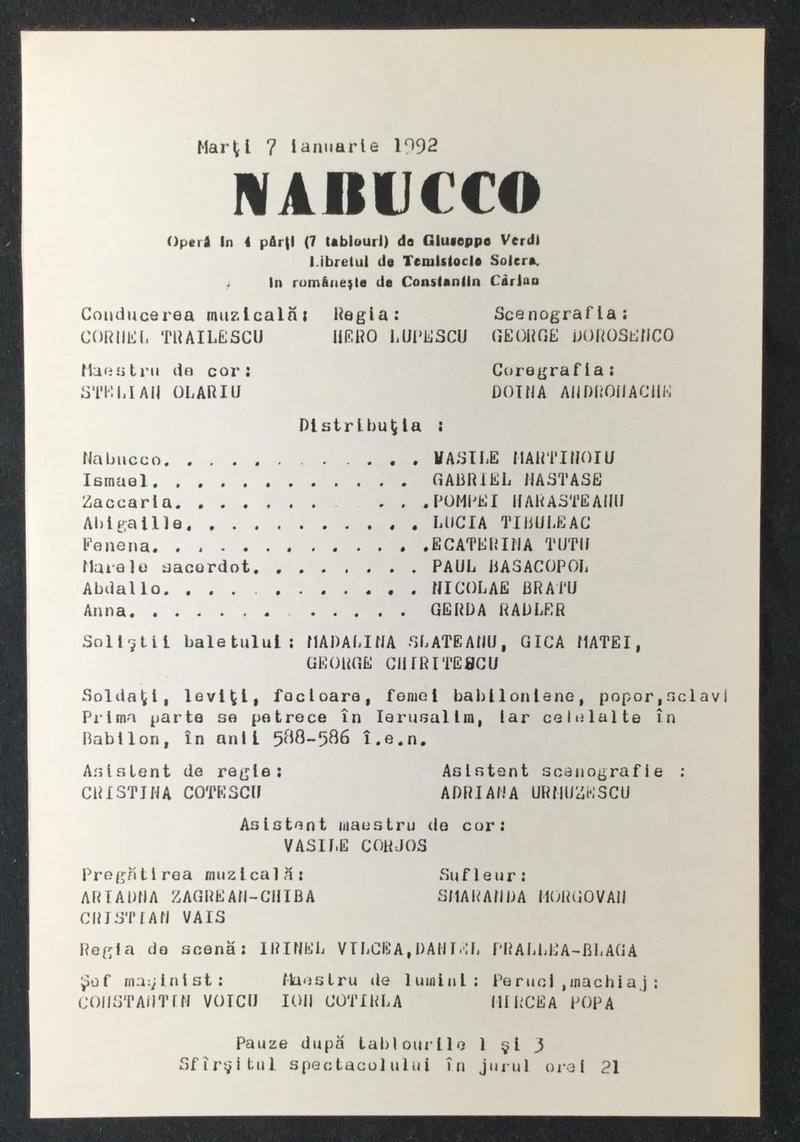 Nabucco în Nabucco, 7 ian. 1992