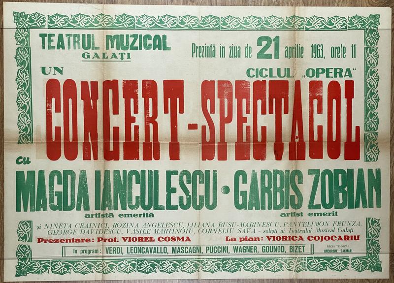 Concerte OPERA - 2 reprezentații - cu Petre Ștefănescu Goangă, Magda Ianculescu, Garbis Zobian, prezentate de Viorel Cosma, 21 apr. 1963
